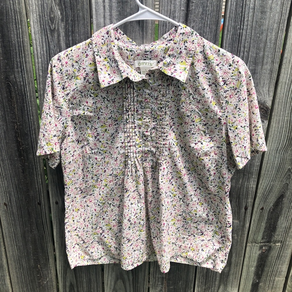 Orvis Half Button Short Sleeve Floral Blouse